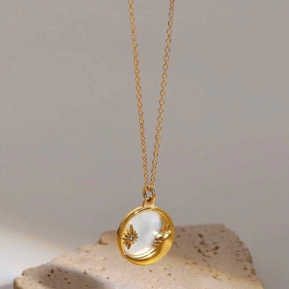 “Mother of Pearl Moon & Star” White Iridescent Shell Crescent Starburst Necklace - Picture 10 of 16